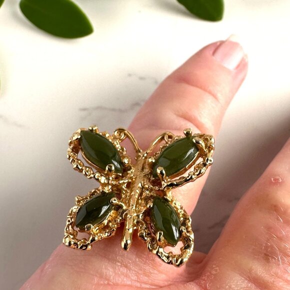 Gold Plated Butterfly Ring, Nephrite Jade Cabochons, Size 6.5, Statement Ring - Picture 6 of 10